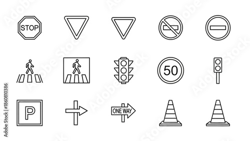 Collection of diverse traffic and road safety icons presented in a clean line art style