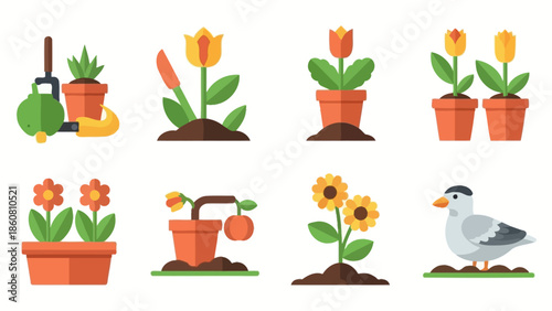 Collection of flat design icons representing gardening and nature elements