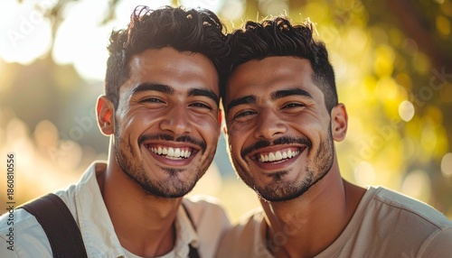 Close-up portrait of two smiling young men with dark hair and beards, heads touching, wearing casual clothing, with a blurred outdoor background and warm lighting.