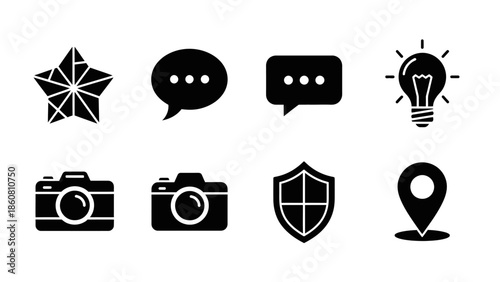 Collection of simple black and white icons representing communication, ideas, and locations