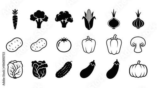 Collection of Simple Black and White Icons Representing Fresh Vegetables
