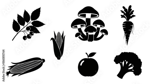 Collection of Simple Black and White Silhouettes Representing Fresh Produce and Fungi