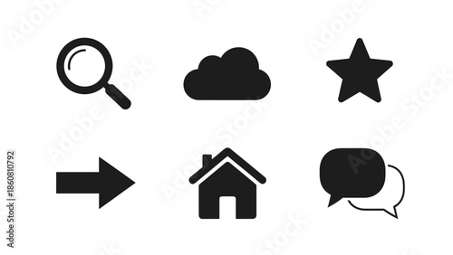 Collection of simplistic black and white icons representing common digital functions and concepts
