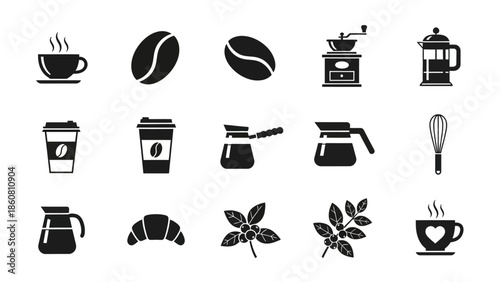 Collection of stylish black and white coffee icons and related elements representing beverage
