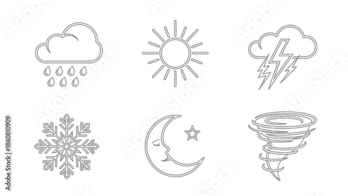 Collection of Six Stylized Weather Icons for Forecasts and Design