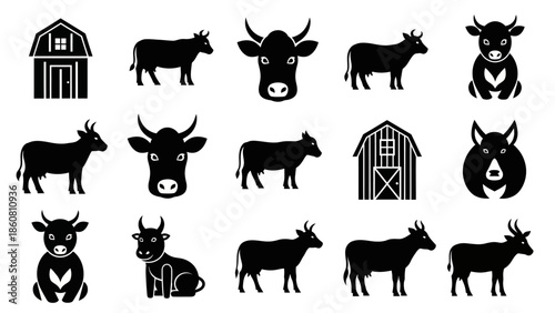 Collection of stylized black and white cow icons and barn illustrations