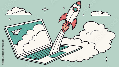 Laptop Rocket Launch: Business Startup Innovation Concept with vector illustration
