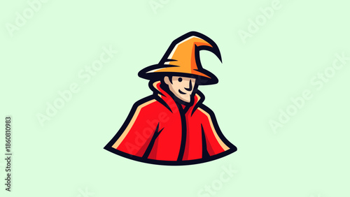 Cartoon Wizard Character with Pointed Hat and Red Cloak.