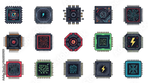 Collection of stylized microchip icons representing advanced technology and computing power
