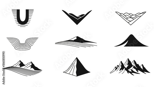 Collection of stylized mountain and landscape vector logo emblems minimalist design elements