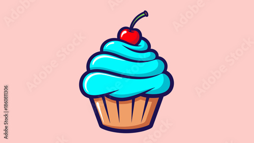 Cartoon Cupcake with Blue Frosting and Cherry Topping Illustration.