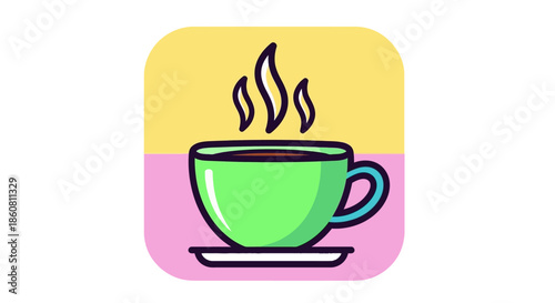 Illustration of a steaming cup of coffee on a saucer.
