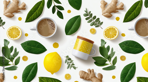 Seamless pattern of herbal elements with green leaves, ginger roots, lemon slices, and coffee cups creating fresh and natural atmosphere for wellness and relaxation