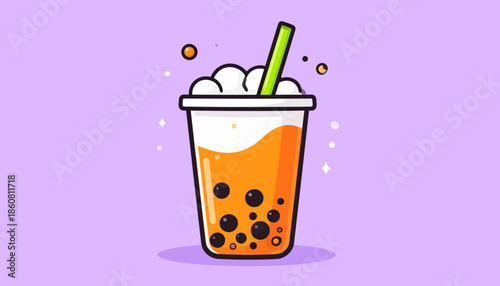 Cartoon Boba Tea Illustration with Tapioca Pearls and Straw.