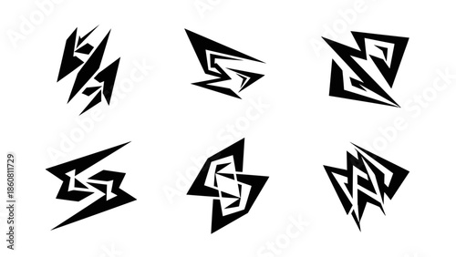 Set of abstract geometric black tribal tattoo designs on a white background
