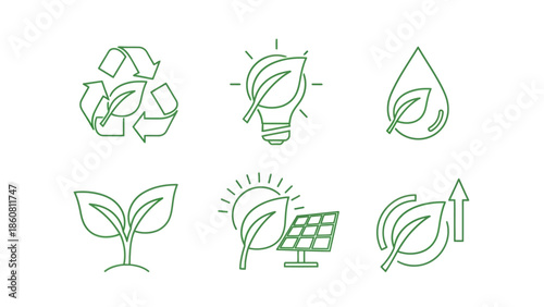 Set of green environmental icons representing sustainability and eco-friendly concepts