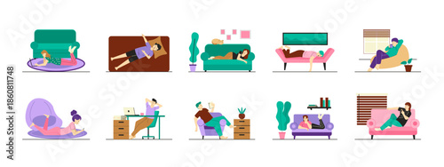 Laziness illustrations set. Flat vector illustrations.