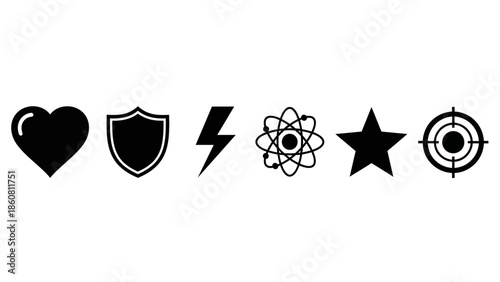 Set of iconic black symbols including heart shield lightning atom star and target on white