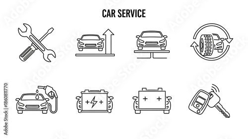 Set of line art icons for car service and automotive repair maintenance diagnostics and