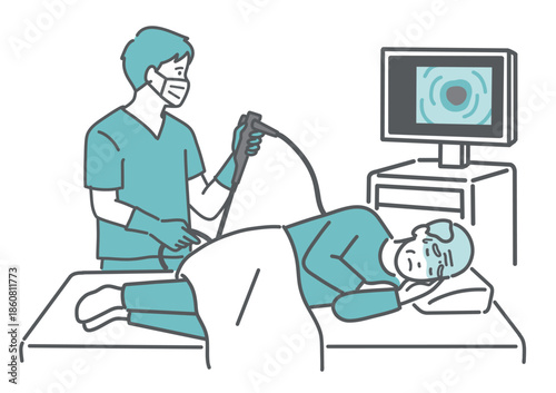 痛みや不快感を感じている大腸カメラ検査のイラスト（高齢男性・鎮静剤なし）