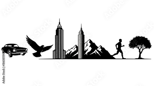 Urban meets nature with a retro car, soaring eagle, city skyline, runner, and tree