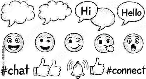 Sketchy Chat and Connect Social Media Doodles with Hi Hello Text, Emojis, and Hashtags