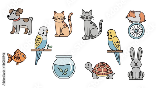 A charming collection of adorable cartoon pets and their habitats in a delightful illustration