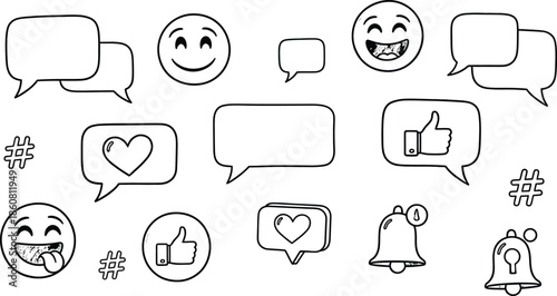Minimalist Clean Line Art Social Media Icons with Hearts, Bells, Hashtags, and Chat Bubbles