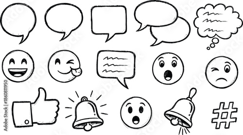 Rough Pencil Style Social Media Reaction Icons with Thumbs Up, Bell, Hashtag, and Emojis