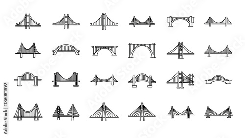 A collection of diverse bridge illustrations in simple line art style for design