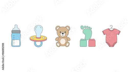 A delightful collection of baby essentials including a bottle a teddy bear and baby clothes