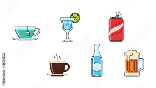 A diverse collection of refreshing beverage icons including tea coffee soda water and beer