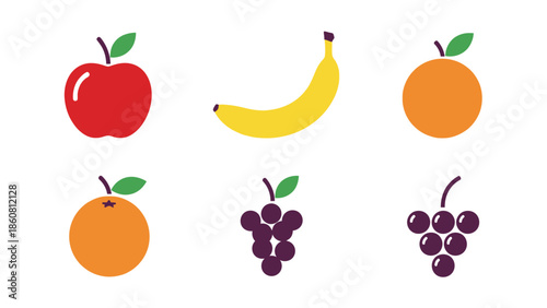 A flat illustration featuring an apple banana orange and grapes collection