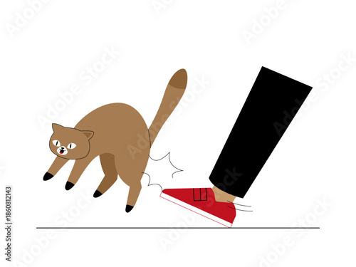 Person kicking a cat, an act of animal cruelty. Social issues illustration. Flat vector illustration.