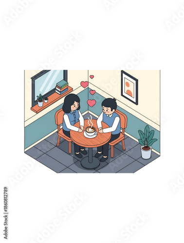 Love couple cafe date illustration showing romance emotion relationship togetherness for valentine day propose promise hug kiss concepts with modern lifestyle art