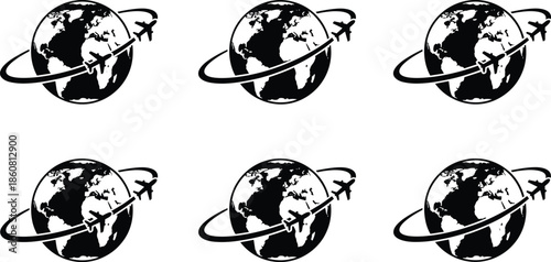 Airplane flying around globe silhouette vector illustration set, global travel aviation icon collection, world tourism transport concept, black and white design