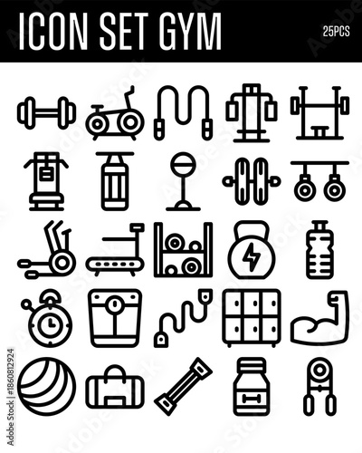 Icon Set Gym: Twenty-Five Line Art Fitness Equipment Symbols for Health, Workout, and Studio Design