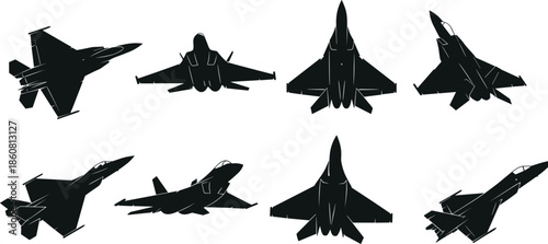 Collection of military fighter jet silhouettes in various flight maneuvers and angles, modern supersonic aircraft vector illustration set isolated on white background,