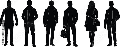 Collection of modern people silhouettes, men and women standing poses, casual fashion outfits, urban lifestyle figures, vector illustration set for design projects