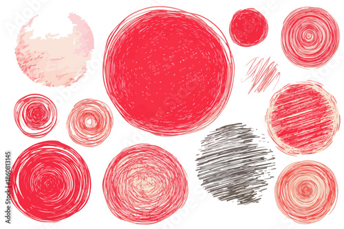Sammlung handgezeichneter, gekritzelter Kreise in Rot, Rosa und Schwarz mit Aquarelltextur, ideal als transparente Designelemente für kreative Projekte.