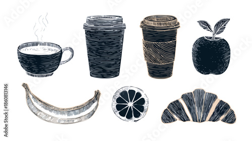 Handgezeichnete Skizzen von Frühstückselementen wie Kaffeebechern, Tasse, Apfel, Banane, Zitrone und Croissant auf transparentem Hintergrund.