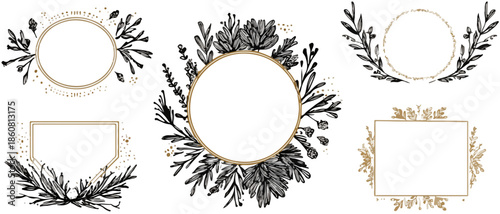 Elegante handgezeichnete botanische Rahmen und Kränze mit goldenen Akzenten, ideal für Einladungen und Designprojekte auf transparentem Hintergrund.