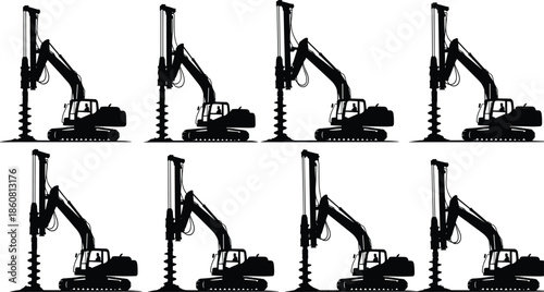 Construction drilling machine silhouette flat vector illustration heavy equipment excavation industrial machinery engineering work isolated black white design collection