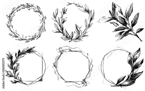 Sechs handgezeichnete, transparente botanische Kränze und Rahmen im Vintage-Skizzenstil, ideal für elegante Designprojekte.