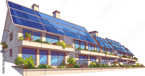 Illustration moderner Reihenhäuser mit Solarmodulen auf den Dächern und grünen Balkonen, die nachhaltiges, energieeffizientes Wohnen auf transparentem Hintergrund darstellen.
