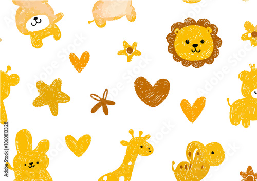 Niedliches, handgezeichnetes, nahtloses Tiermuster in warmen Farben, ideal als transparentes Design für Kinderprodukte.
