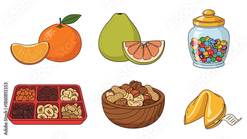 Variety of snacks: sweets, fruits, fortune cookies and nuts.