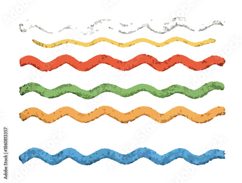 Sammlung von transparenten, handgezeichneten Wellenlinien mit Buntstifttextur in verschiedenen Farben als vielseitige Design-Elemente.