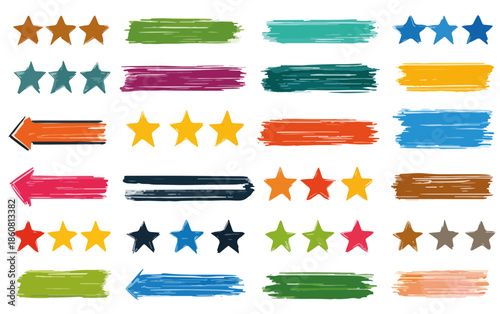 Sammlung von handgezeichneten Sternen, Pinselstrichen und Pfeilen in leuchtenden Farben, ideal als transparente Grafik-Elemente für Designprojekte und Bewertungen.