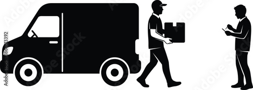 Delivery service silhouette, courier with package, recipient signing, black vector illustration, logistics concept, shipping process, e-commerce, transportation scene